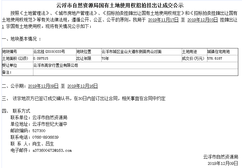 云浮市自然資源局國有土地使用權(quán)招拍掛出讓成交公示（云出掛〔2019〕033號）.png