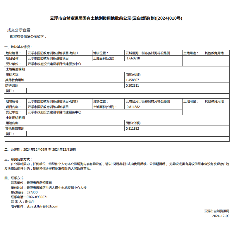 云浮市自然資源局國有土地劃撥用地批前公示(云自然資(劃)[2024]010號).png